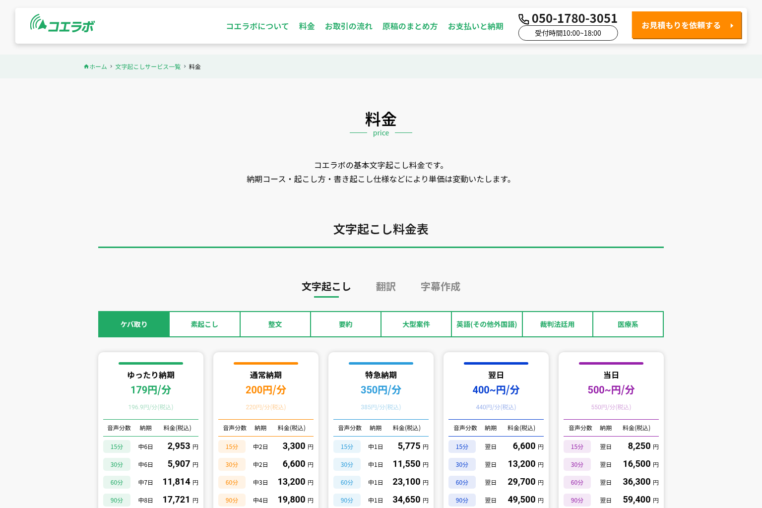 コエラボの文字起こし料金表。ゆったり・通常・特急・翌日・当日の納期別単価が並ぶ
