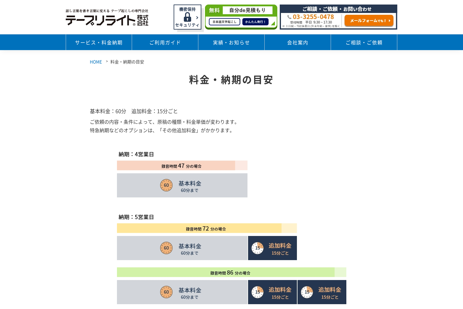 テープリライト株式会社の料金・納期の目安ページ。基本料金60分と15分ごとの追加料金の図