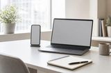 縦向きのスマートフォンと横向きのノートパソコンが並ぶ明るいデスク