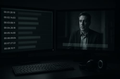 2台のモニターに字幕編集画面と番組映像が映る、夜の字幕制作室のデスク