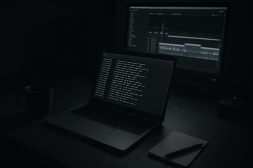 テキストエディタで字幕ファイルを開いた編集室のデスク