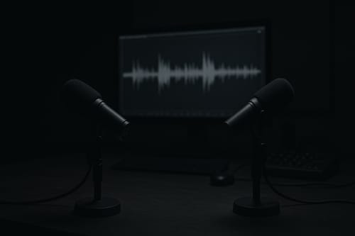 収録スタジオに置かれた2本のマイクと音声波形が表示されたモニター