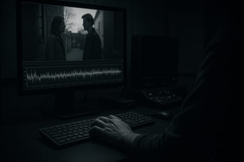 薄暗い編集室でモニターに表示された映像とビットレート波形を確認する手元