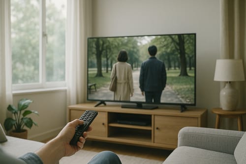 テレビの前でリモコンの音声切替ボタンに指を掛ける手元
