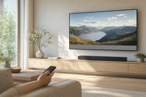 明るいリビングで字幕が表示されたテレビ画面を、リモコンを手に見ている様子