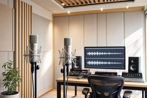 収録スタジオに置かれた2本のマイクと音声波形が表示されたモニター