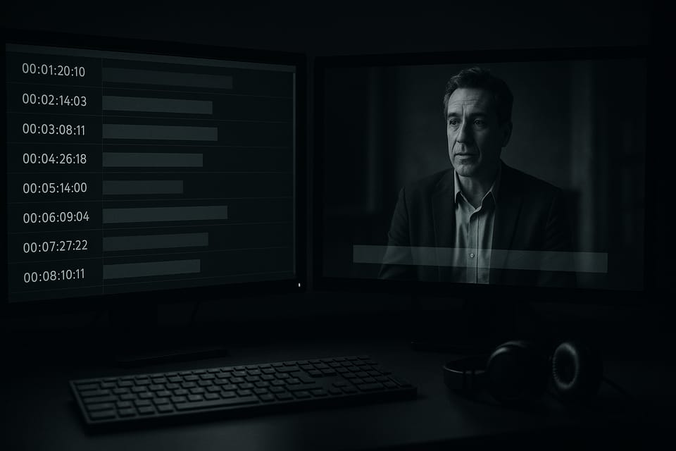 2台のモニターに字幕編集画面と番組映像が映る、夜の字幕制作室のデスク