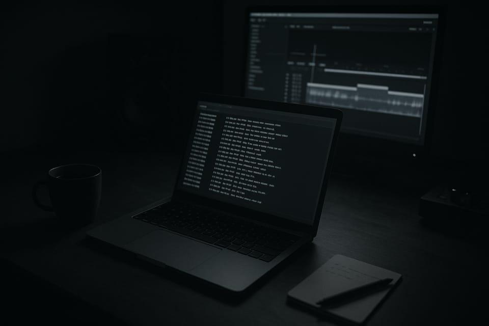 テキストエディタで字幕ファイルを開いた編集室のデスク