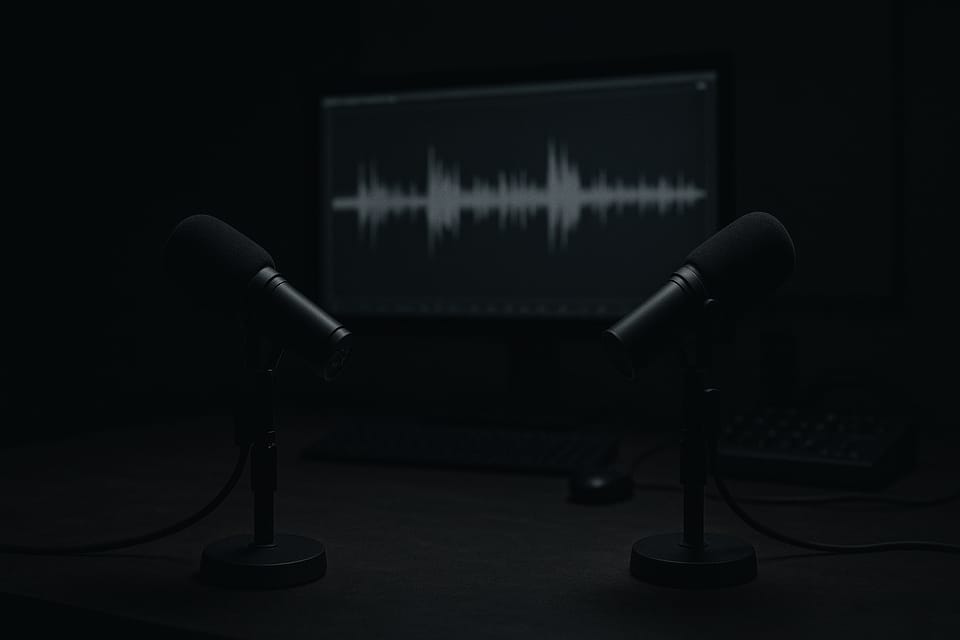 収録スタジオに置かれた2本のマイクと音声波形が表示されたモニター