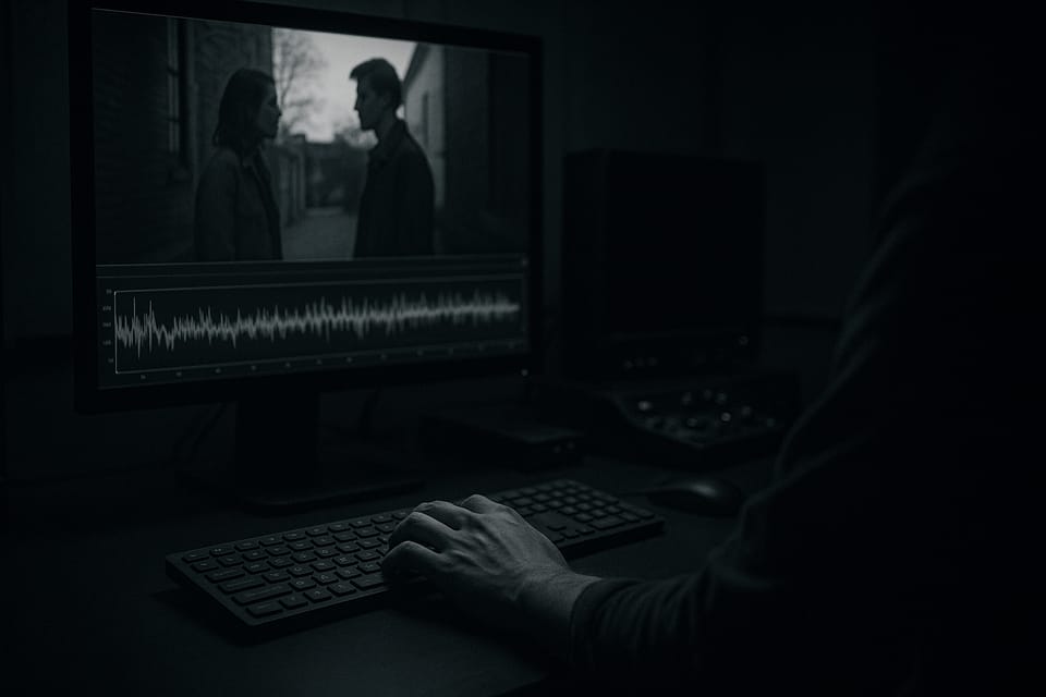 薄暗い編集室でモニターに表示された映像とビットレート波形を確認する手元